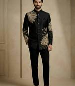 Black fandy satin silk premium designer festive wear jopdupuri suit set