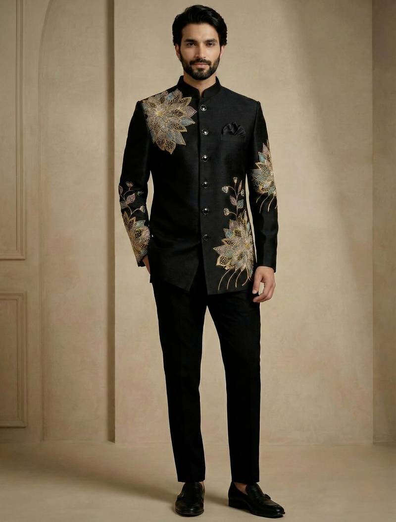 Black fandy satin silk premium designer festive wear jopdupuri suit set