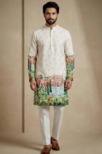Multicolor mix cotton with schiffli work & digital print premium designer festive wear kurta trouser set