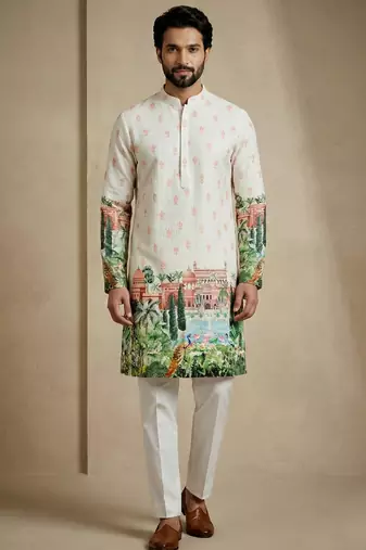 Multicolor mix cotton with schiffli work & digital print premium designer festive wear kurta trouser set