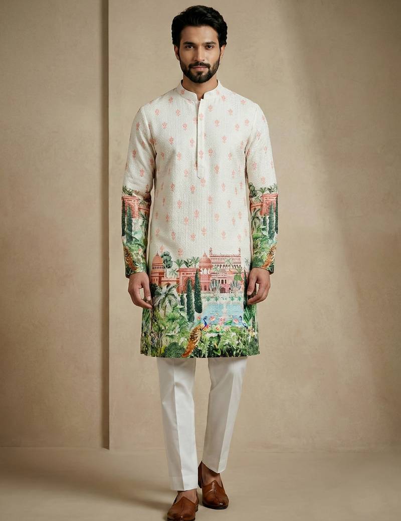 Multicolor mix cotton with schiffli work & digital print premium designer festive wear kurta trouser set