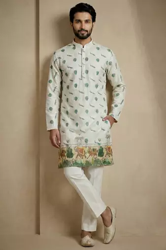 Multicolor mix cotton with schiffli work & digital print premium designer festive wear kurta trouser set