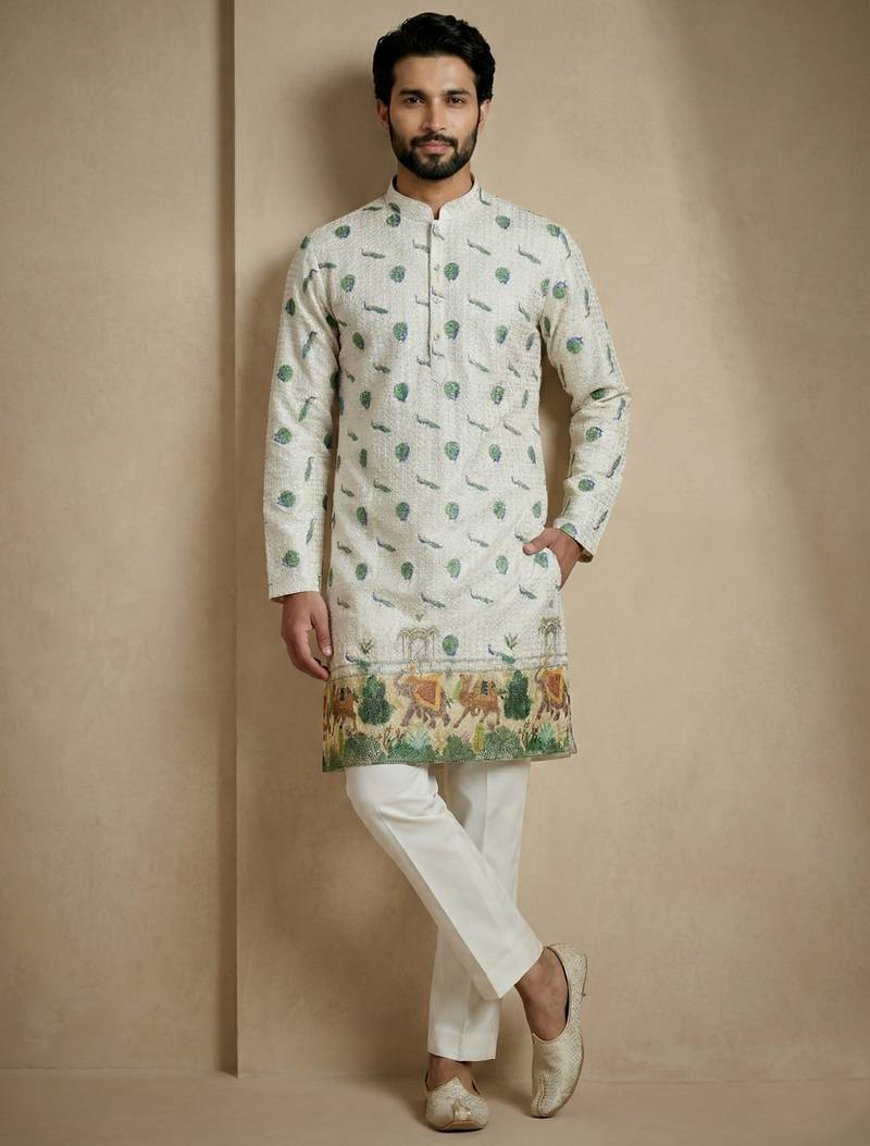 Multicolor mix cotton with schiffli work & digital print premium designer festive wear kurta trouser set