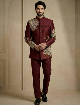 Dark maroon fandy satin silk premium designer festive wear jopdupuri suit set 1