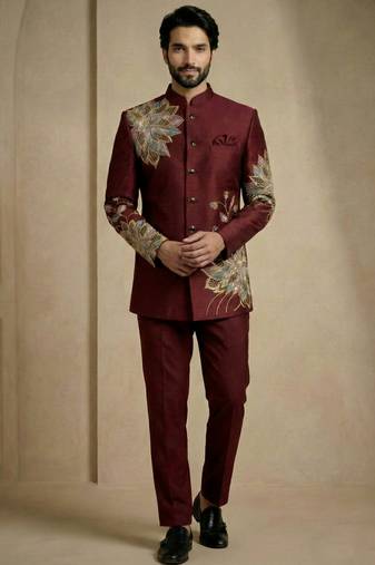Dark maroon fandy satin silk premium designer festive wear jopdupuri suit set