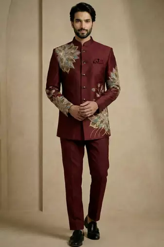 Dark maroon fandy satin silk premium designer festive wear jopdupuri suit set
