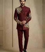 Dark maroon fandy satin silk premium designer festive wear jopdupuri suit set