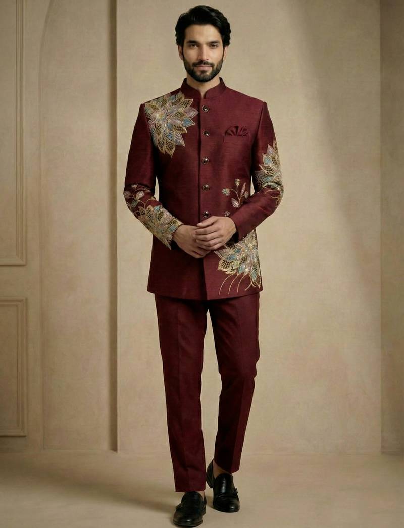 Dark maroon fandy satin silk premium designer festive wear jopdupuri suit set