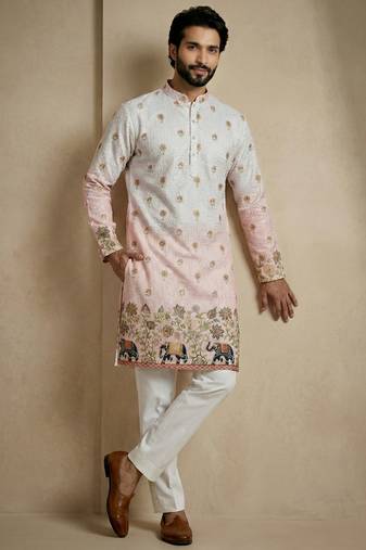 Multicolor mix cotton with schiffli work & digital print premium designer festive wear kurta trouser set