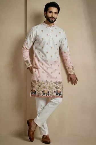 Multicolor mix cotton with schiffli work & digital print premium designer festive wear kurta trouser set