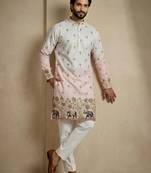 Multicolor mix cotton with schiffli work & digital print premium designer festive wear kurta trouser set