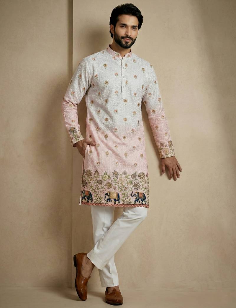 Multicolor mix cotton with schiffli work & digital print premium designer festive wear kurta trouser set