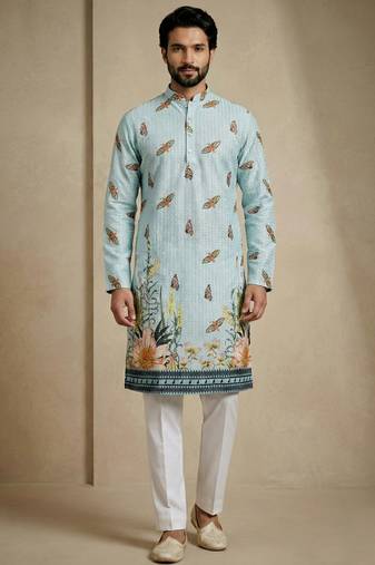 Multicolor mix cotton with schiffli work & digital print premium designer festive wear kurta trouser set