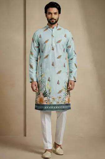 Multicolor mix cotton with schiffli work & digital print premium designer festive wear kurta trouser set