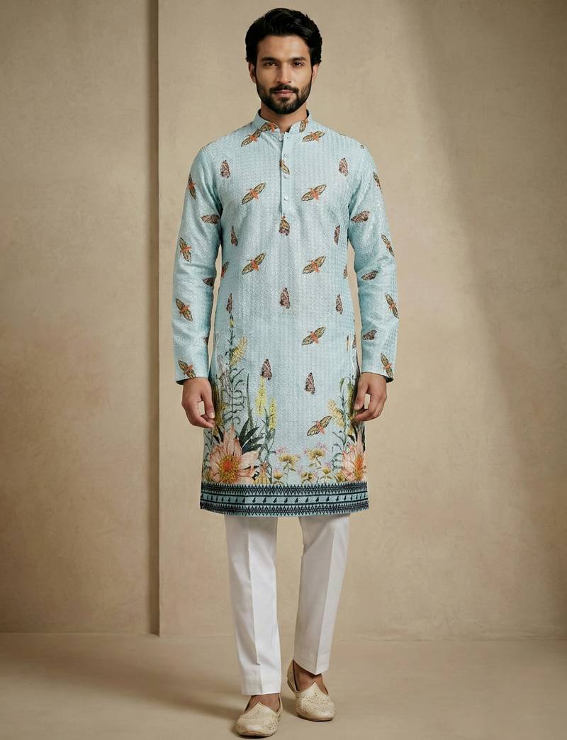 Multicolor mix cotton with schiffli work & digital print premium designer festive wear kurta trouser set
