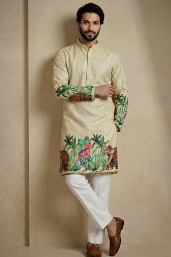 Multicolor mix cotton with schiffli work & digital print premium designer festive wear kurta trouser set