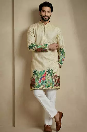 Multicolor mix cotton with schiffli work & digital print premium designer festive wear kurta trouser set