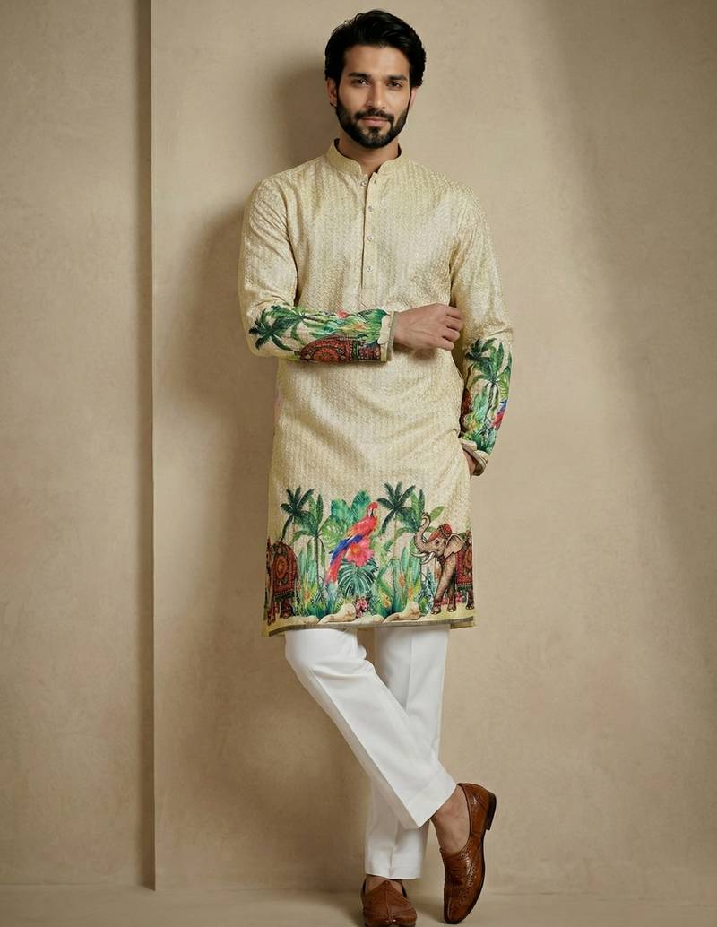 Multicolor mix cotton with schiffli work & digital print premium designer festive wear kurta trouser set