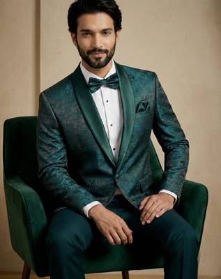 emerald green jacquard satin designer party wear blazer 2