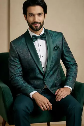 emerald green jacquard satin designer party wear blazer