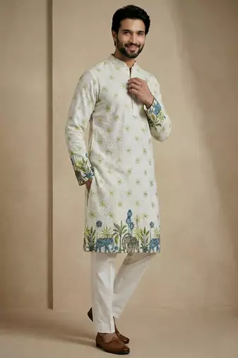 ivory jungle motif designer kurta pajama set
