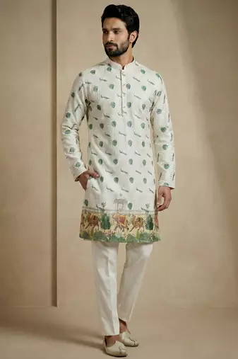 ivory heritage print designer kurta pajama set