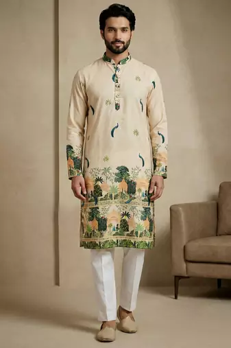 Multicolor mix cotton with schiffli work & digital print premium designer festive wear kurta trouser set