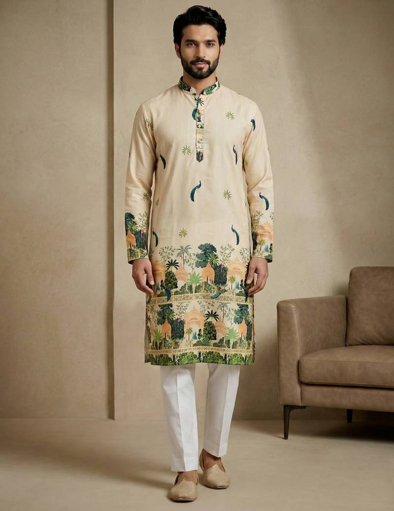 Multicolor mix cotton with schiffli work & digital print premium designer festive wear kurta trouser set