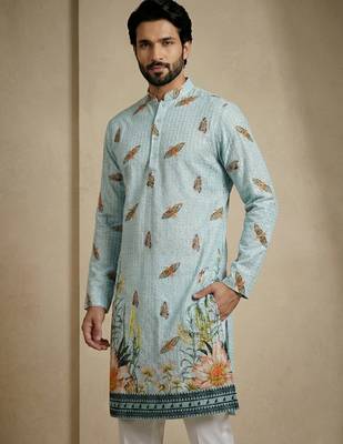 sky blue floral digital print designer kurta pajama set 2