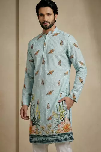 sky blue floral digital print designer kurta pajama set