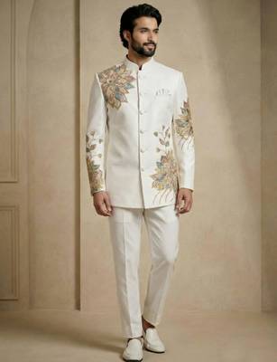 White fandy satin silk premium designer festive wear jopdupuri suit set 2