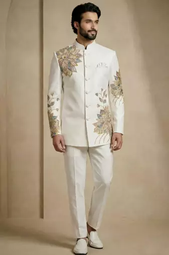 White fandy satin silk premium designer festive wear jopdupuri suit set
