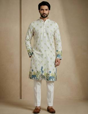 ivory jungle motif designer kurta pajama set 3