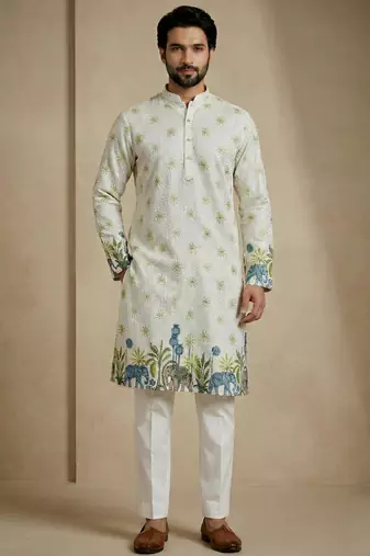 ivory jungle motif designer kurta pajama set
