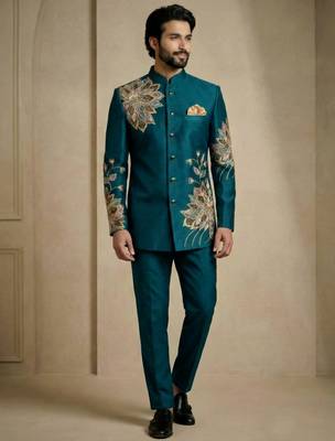 Teal fandy satin silk premium designer festive wear jopdupuri suit set 2