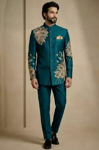 Teal fandy satin silk premium designer festive wear jopdupuri suit set