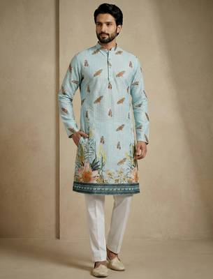 sky blue floral digital print designer kurta pajama set 3
