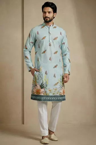 sky blue floral digital print designer kurta pajama set
