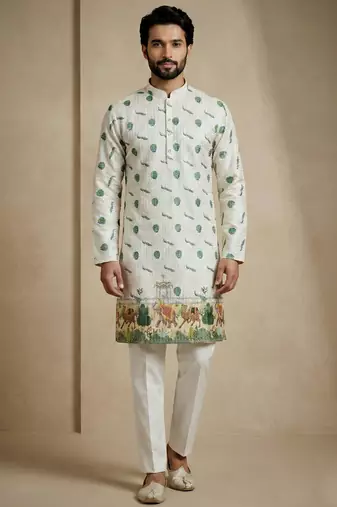 ivory heritage print designer kurta pajama set