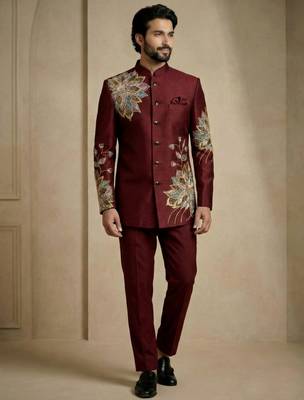 Dark maroon fandy satin silk premium designer festive wear jopdupuri suit set 2