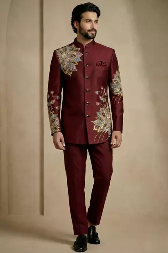 Dark maroon fandy satin silk premium designer festive wear jopdupuri suit set