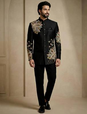 Black fandy satin silk premium designer festive wear jopdupuri suit set 2