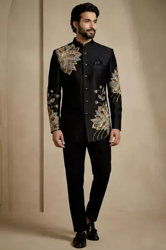 Black fandy satin silk premium designer festive wear jopdupuri suit set