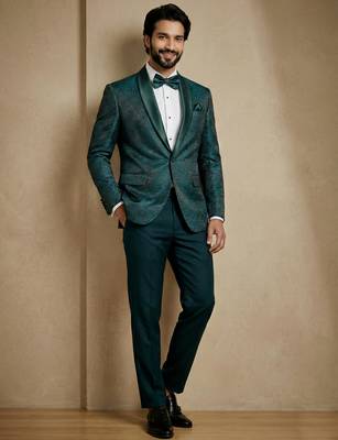 emerald green jacquard satin designer party wear blazer 3