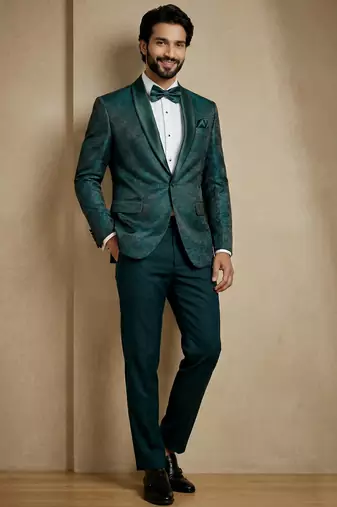 emerald green jacquard satin designer party wear blazer