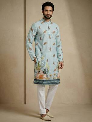 sky blue floral digital print designer kurta pajama set 4