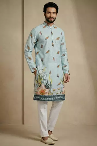 sky blue floral digital print designer kurta pajama set