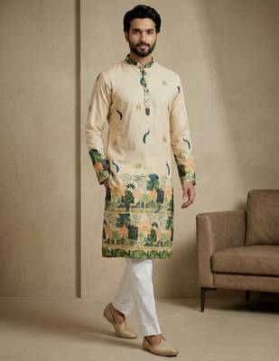 beige scenic digital print designer kurta pajama set 2