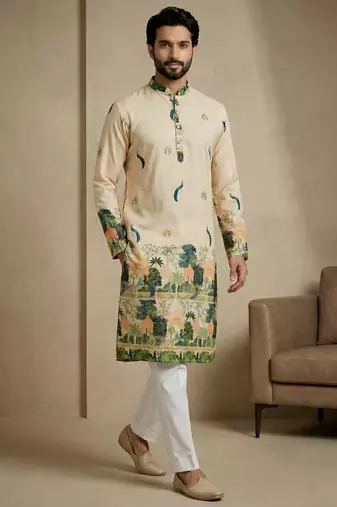 beige scenic digital print designer kurta pajama set