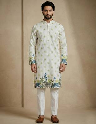 ivory jungle motif designer kurta pajama set 4